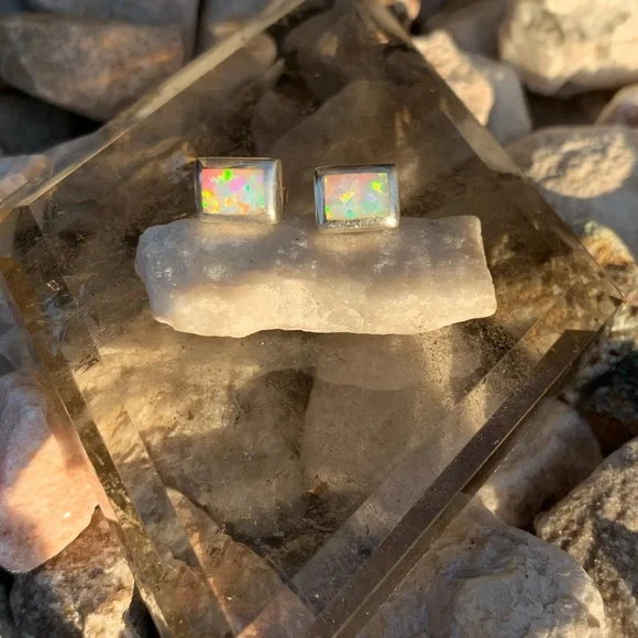 Opal Sterling Silver Stud Earrings - Picture 10 of 13